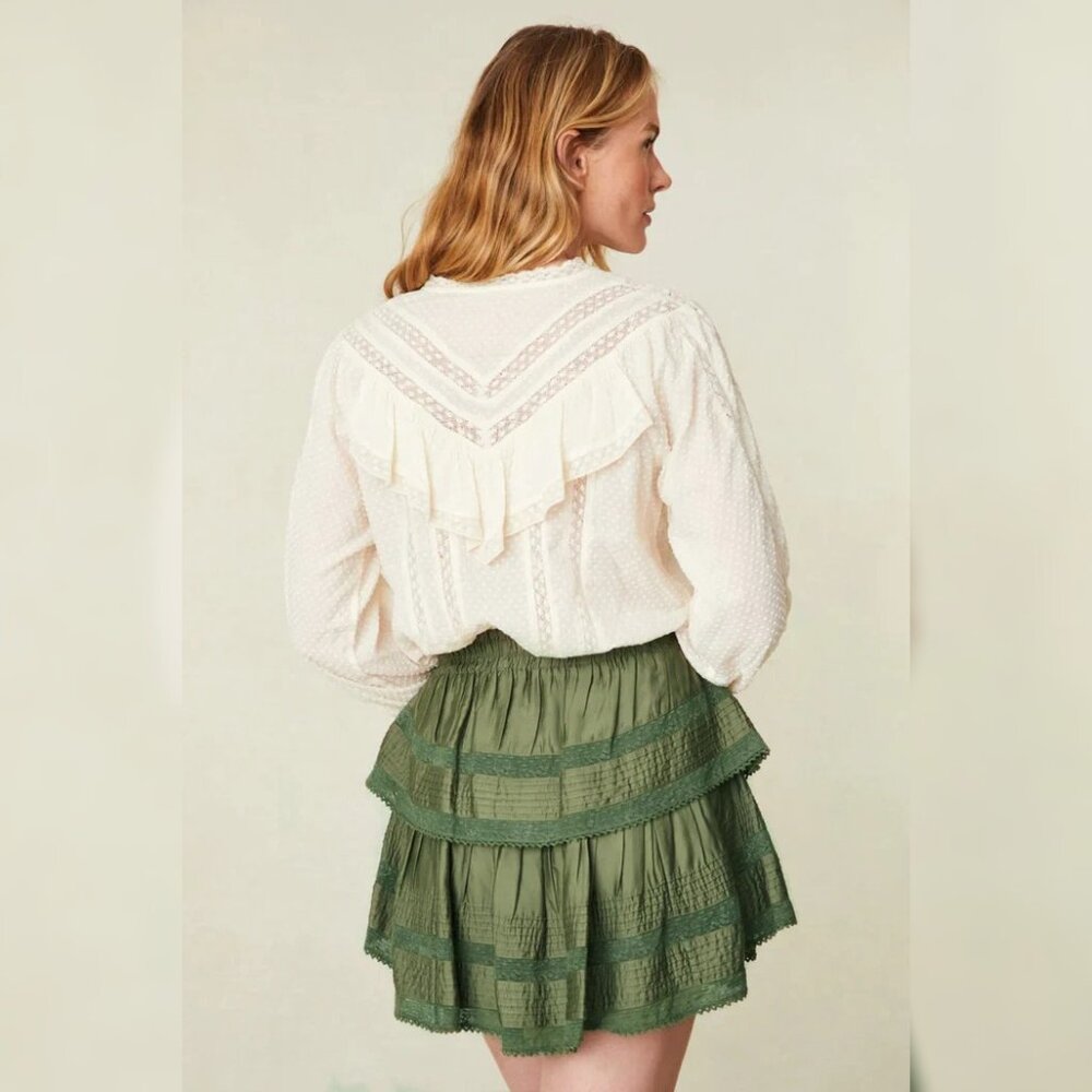 LoveShackFancy Ruffle Mini Skirt Forest Oak Green M 8 Women's Casual NEW 45648 - Picture 2 of 6
